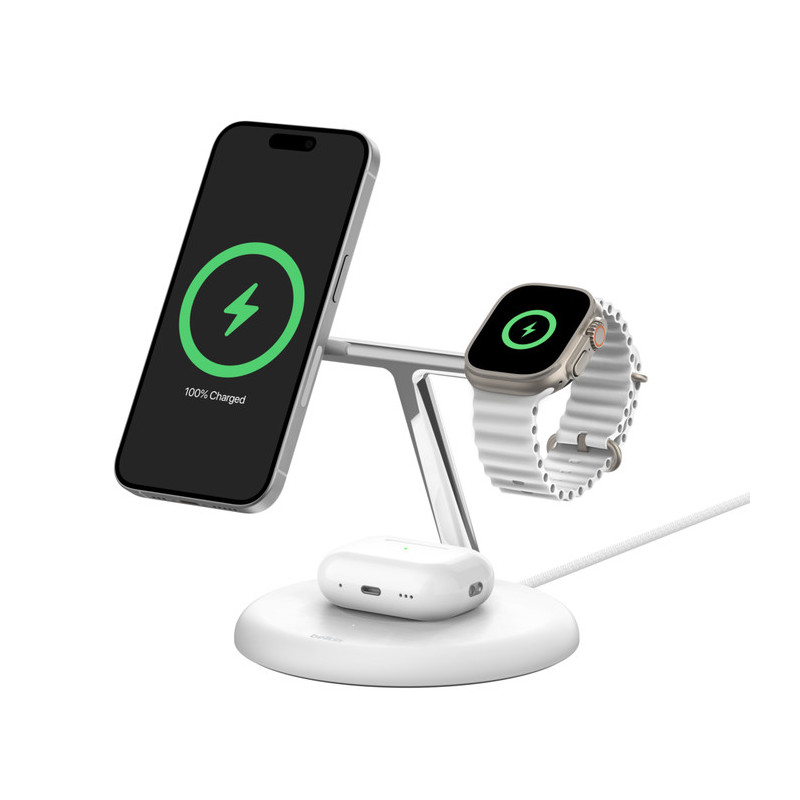Belkin BOOST CHARGE PRE Qi2, 15W 3v1 magnetický stojan, biely