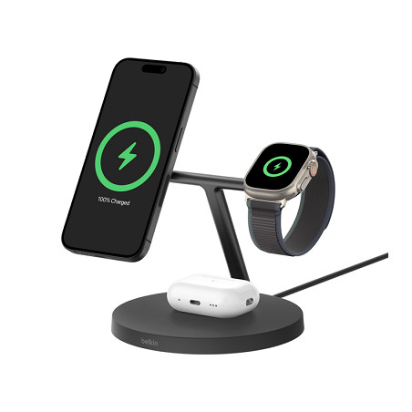 Belkin BOOST CHARGE PRE Qi2, 15W 3v1 stojan s Apple watch fast charge, čierny