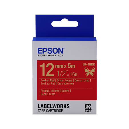 Epson zásobník so štítkami – saténový pásik, LK-4HKK, zlatá/červená, 12 mm (5 m)