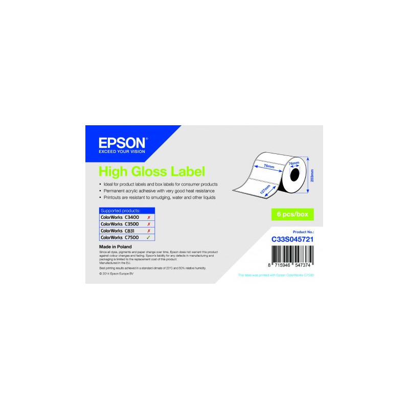 High Gloss Label - Die-cut Roll: 76mm x 127mm
