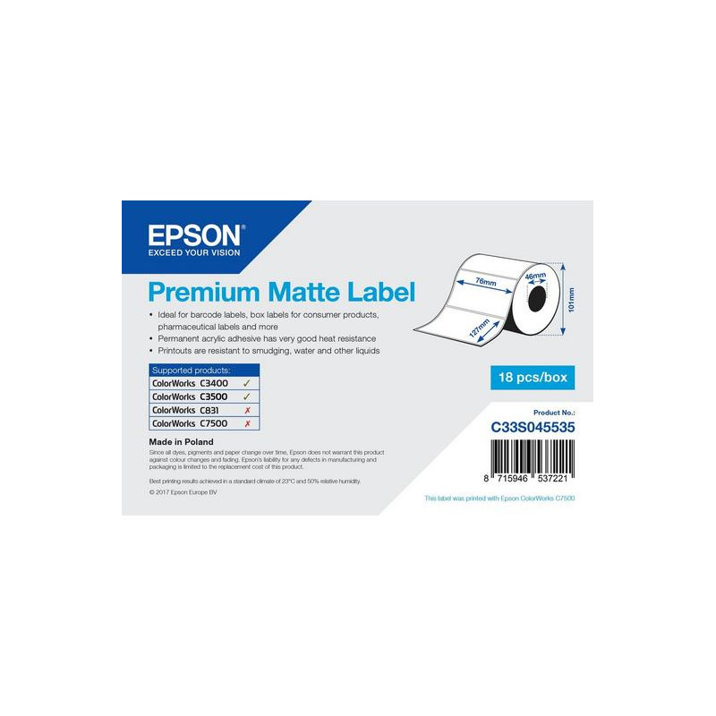 EPSON Premium Matte Label - Die-cut Roll: 76mm x 127mm, 265 labels