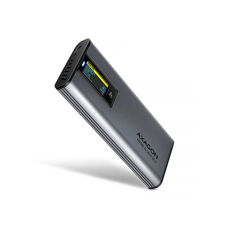 AXAGON EEM2-SD2, USB-C 10Gbps externý box s displejom pre M.2 NVMe/SATA SSD, bezskrutkový, strieborný