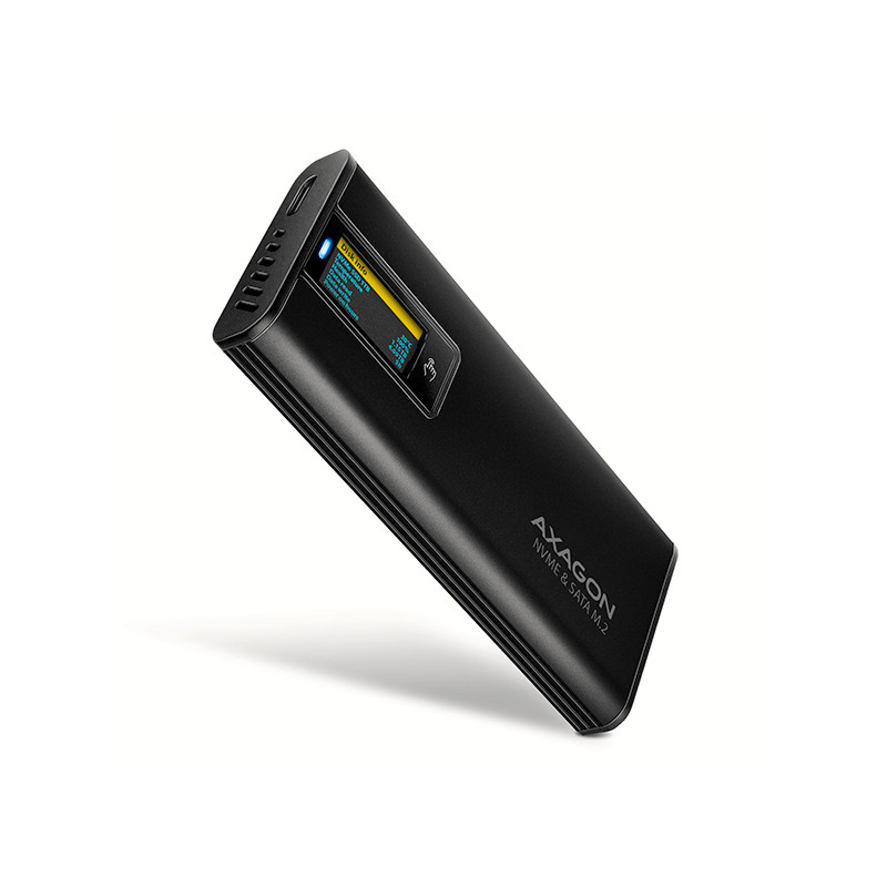 AXAGON EEM2-SD2B, USB-C 10Gbps externý box s displejom pre M.2 NVMe/SATA SSD, bezskrutkový, čierny