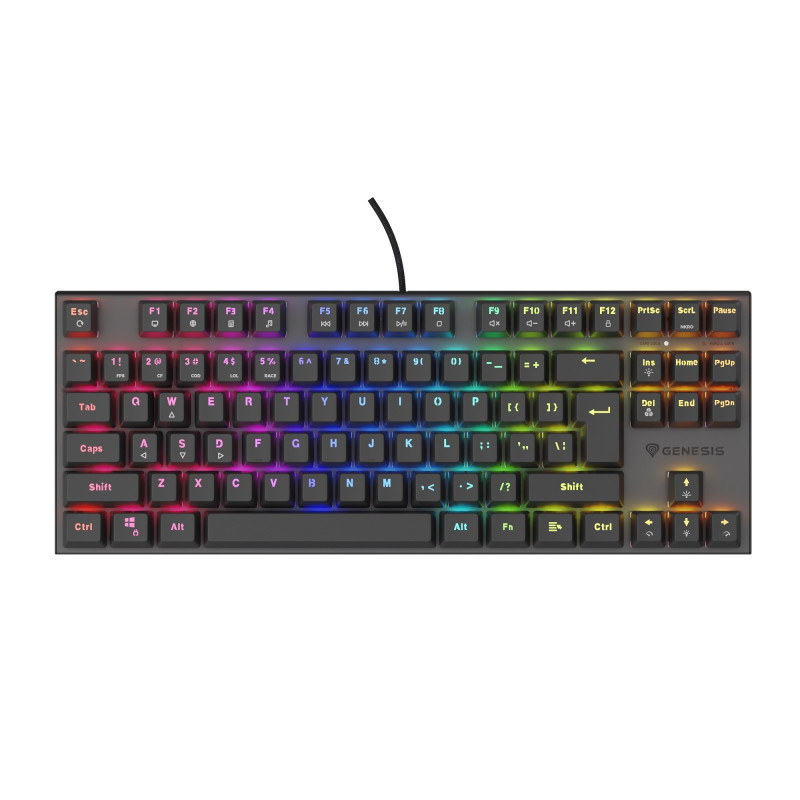 Genesis herná mechanická klávesnica THOR 303/TKL/RGB/Outemu Peach Silent/Drôtová USB/US layout/Čierna