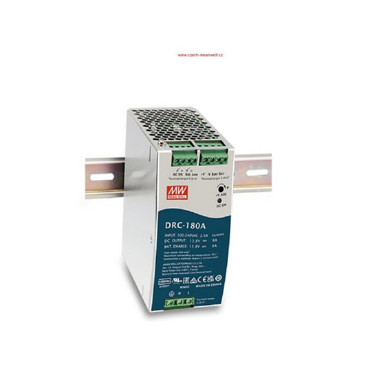 MEANWELL - DRC-180B, Priemyselný zdroj na DIN s funkciou nabíjačky 24V 180W