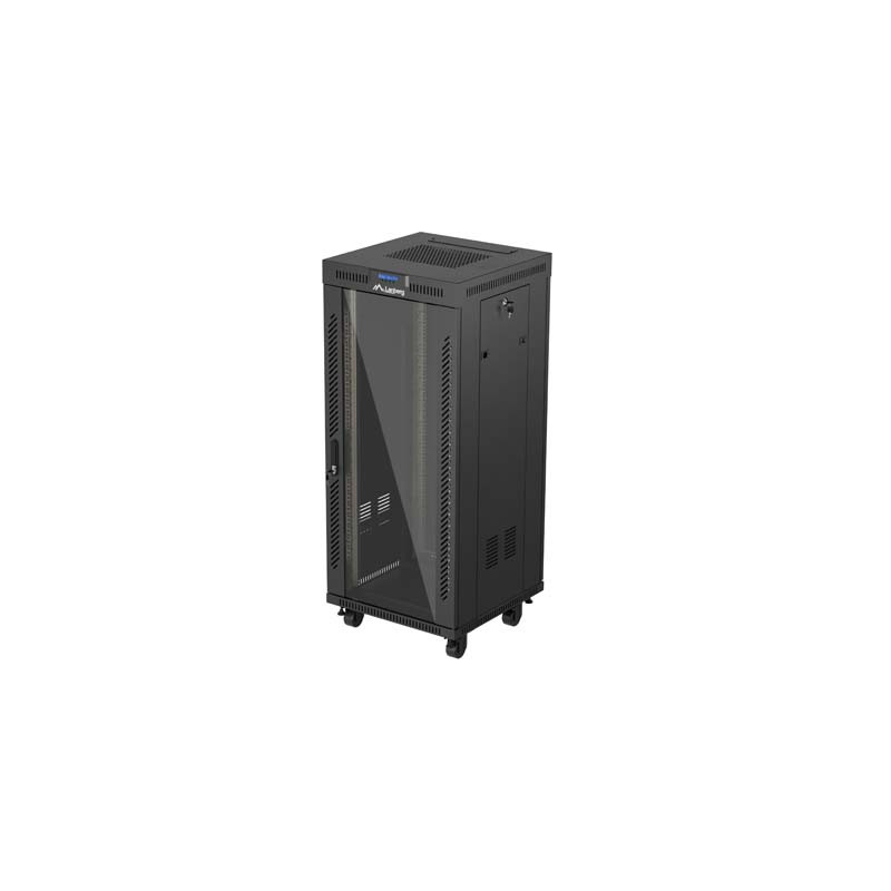 19'' VOĽNE STOJÚCA RACKOVÁ SKRIŇA 27U/600X600 (FLAT PACK) S PRESKLENÝMI DVERAMI LCD ČIERNA LANBERG V2