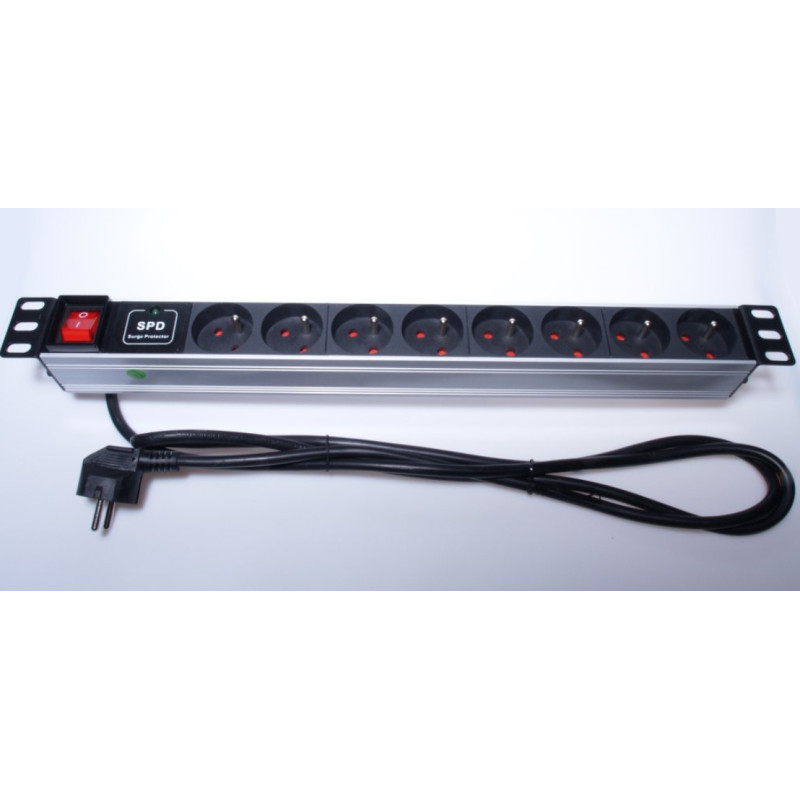 PremiumCord Panel napájací 1U do 19'' racku, 8x230V, prepäťová ochrana, 2m kábel, vypínač