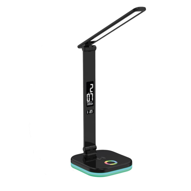 Platinet PDL711RGBB stolná LED lampa stmievateľná, bezdrôtové nabíjanie, hodiny, čierna