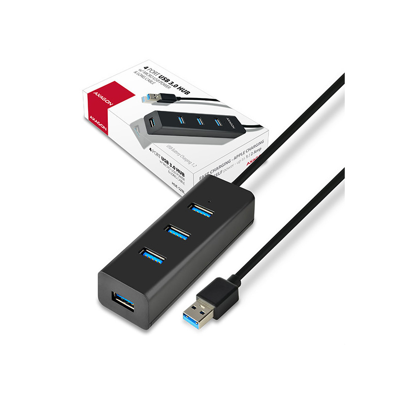 AXAGON HUE-S2BL, 4x USB 3.0 CHARGING hub, micro USB napr. konektor, kábel USB-A 1.2m