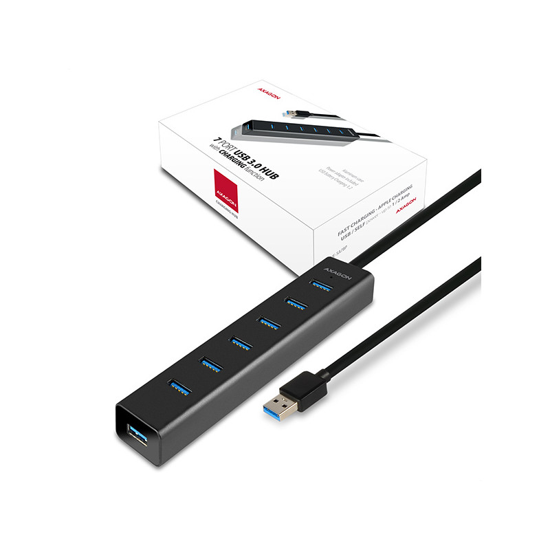 AXAGON HUE-SA7BP, 7x USB 3.0 ALU CHARGING hub, vr. AC adaptéra, kábel USB-A 40cm