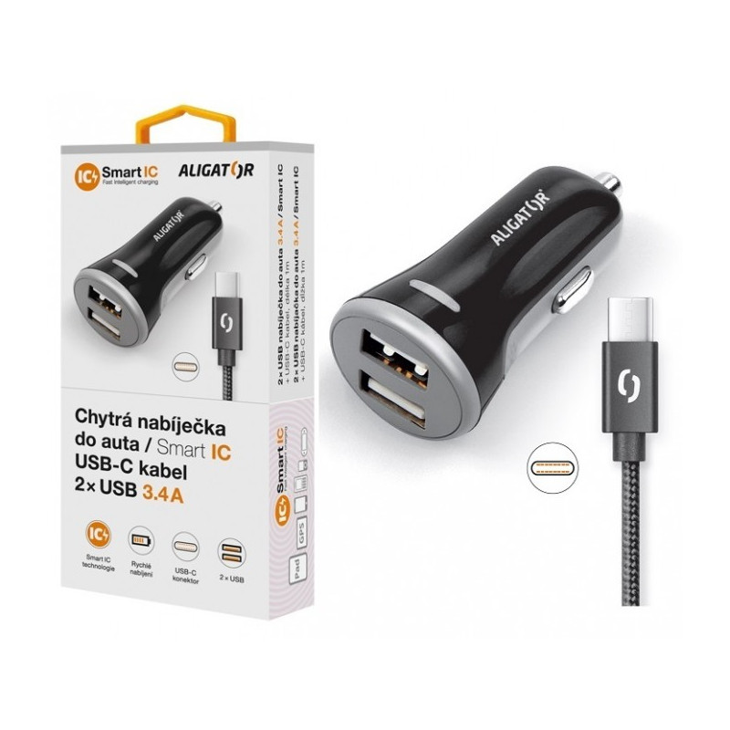 ALIGATOR Chytrá nabíjačka do auta 3.4A, 2xUSB, smart IC, čierna, USB-C kábel