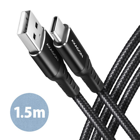 AXAGON BUCM-AM15AB, HQ kábel USB-C -- USB-A, 1.5m, USB 2.0, 3A, ALU, oplet, čierny