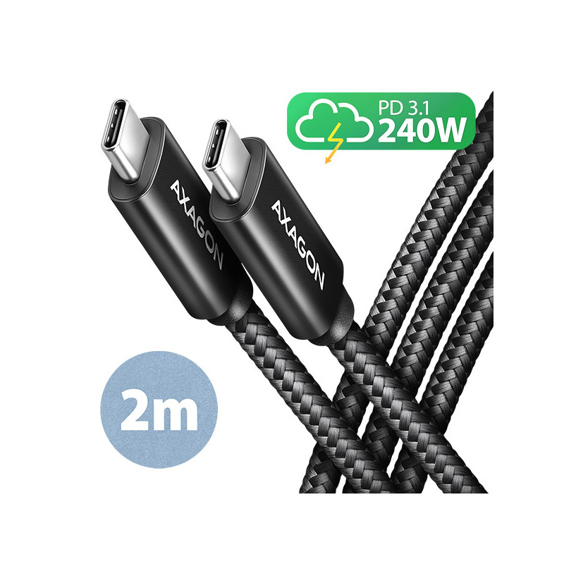 AXAGON BUCM2-CM20AB, CHARGE kábel USB-C -- USB-C, 2m, Hi-Speed USB, PD 240W 5A, ALU, oplet, čierny