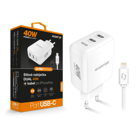 Múdra sieťová nabíjačka ALIGATOR Power Delivery 40W, 2xUSB-C, USB-C kábel pre iPhone / iPad, biela