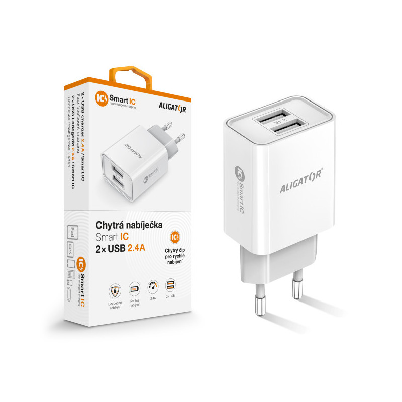 Múdra sieťová nabíjačka ALIGATOR 2,4A, 2xUSB, smart IC, biela