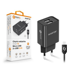 Múdra sieťová nabíjačka ALIGATOR 2,4 A, 2xUSB, smart IC, čierna, micro USB kábel
