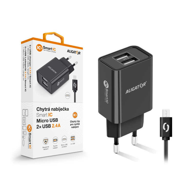 Múdra sieťová nabíjačka ALIGATOR 2,4 A, 2xUSB, smart IC, čierna, micro USB kábel