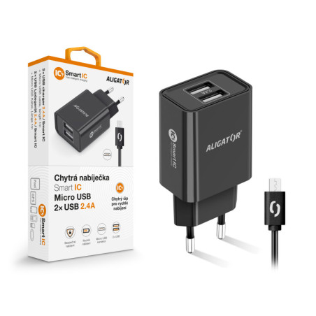 Múdra sieťová nabíjačka ALIGATOR 2,4 A, 2xUSB, smart IC, čierna, micro USB kábel
