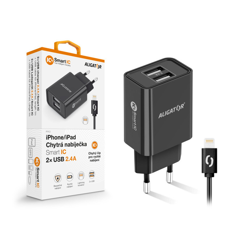 Múdra sieťová nabíjačka ALIGATOR 2,4A, 2xUSB, smart IC, čierna, USB kábel pre iPhone / iPad