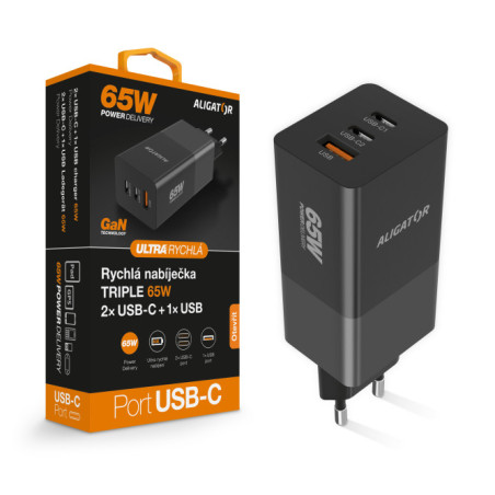 Aligator nabíjačka PD65W, 2USB-C, 1xUSB-A, čierna