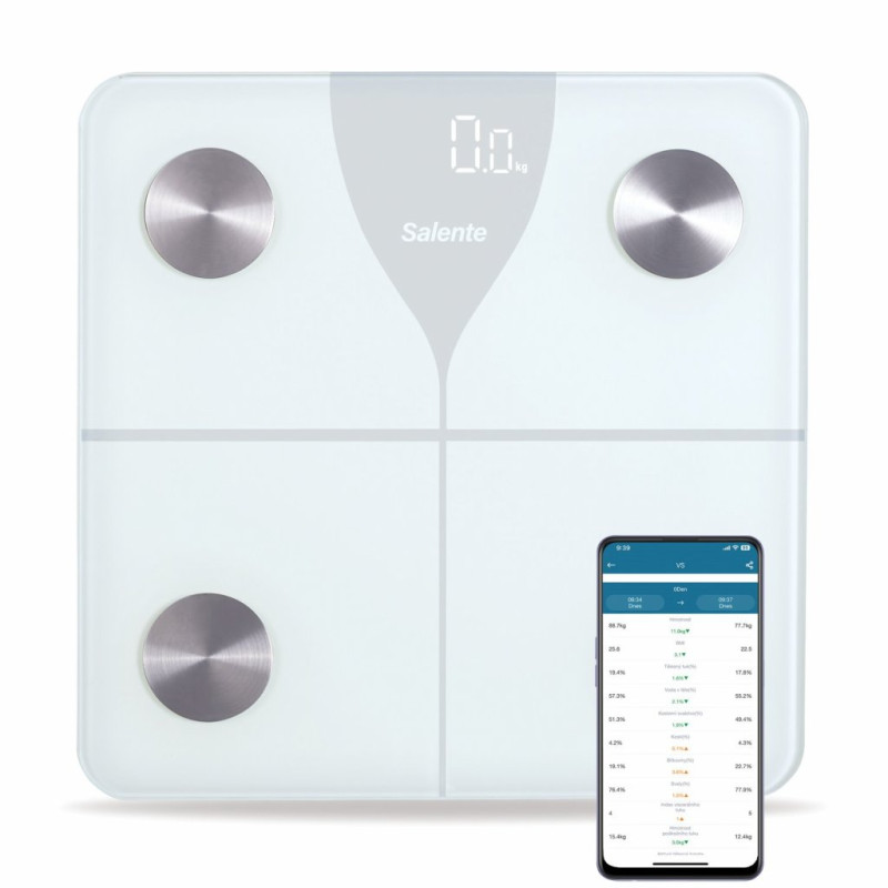 Salente SlimFit, múdra osobná diagnostická fitness váha, Bluetooth, biela