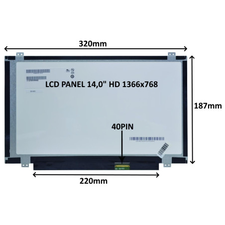 LCD PANEL 14,0'' HD 1366x768 40PIN MATNÝ / ÚCHYTY NAHORE A DOLE