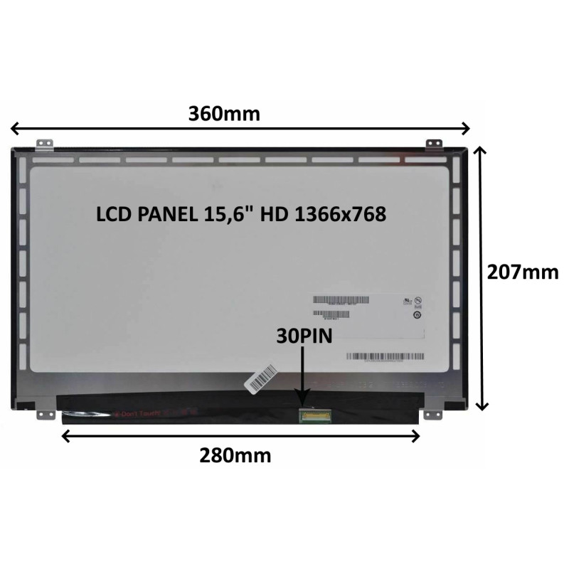 LCD PANEL 15,6'' HD 1366x768 30PIN MATNÝ / ÚCHYTY NAHORE A DOLE