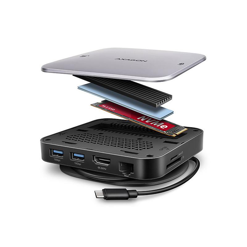 AXAGON HMC-UFO, USB 10Gbps húb, 2x USB-A, USB-C, HDMI 4k/60, RJ-45, M.2 slot, SD/mSD, audio, PD