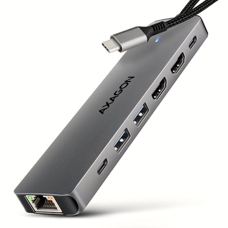 AXAGON HMC-7HX2, USB 5Gbps húb, 2x USB-A, USB-C, 2x HDMI 4k/60Hz, RJ-45 GLAN, PD 100W, kábel 15cm