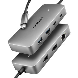 AXAGON HMC-CUB83X2, USB 10Gbps húb, 2x USB-A, USB-C, HDMI a DP 4k/144Hz, RJ-45, PD 100W, kábel 15cm