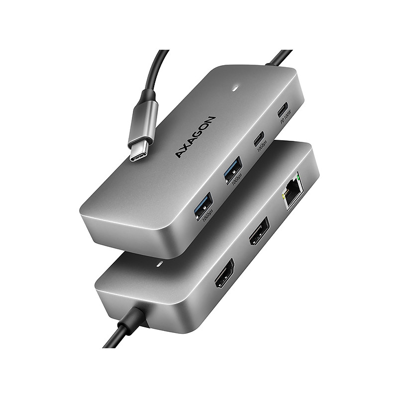 AXAGON HMC-CUB83X2, USB 10Gbps húb, 2x USB-A, USB-C, HDMI a DP 4k/144Hz, RJ-45, PD 100W, kábel 15cm