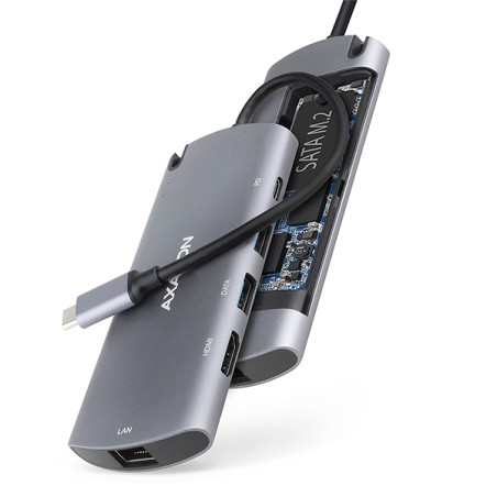 AXAGON HMC-6M2, USB 3.2 Gen 1 húb, 2x USB-A, HDMI, RJ-45 GLAN, SATA M.2, PD 100W, kábel USB-C 18cm