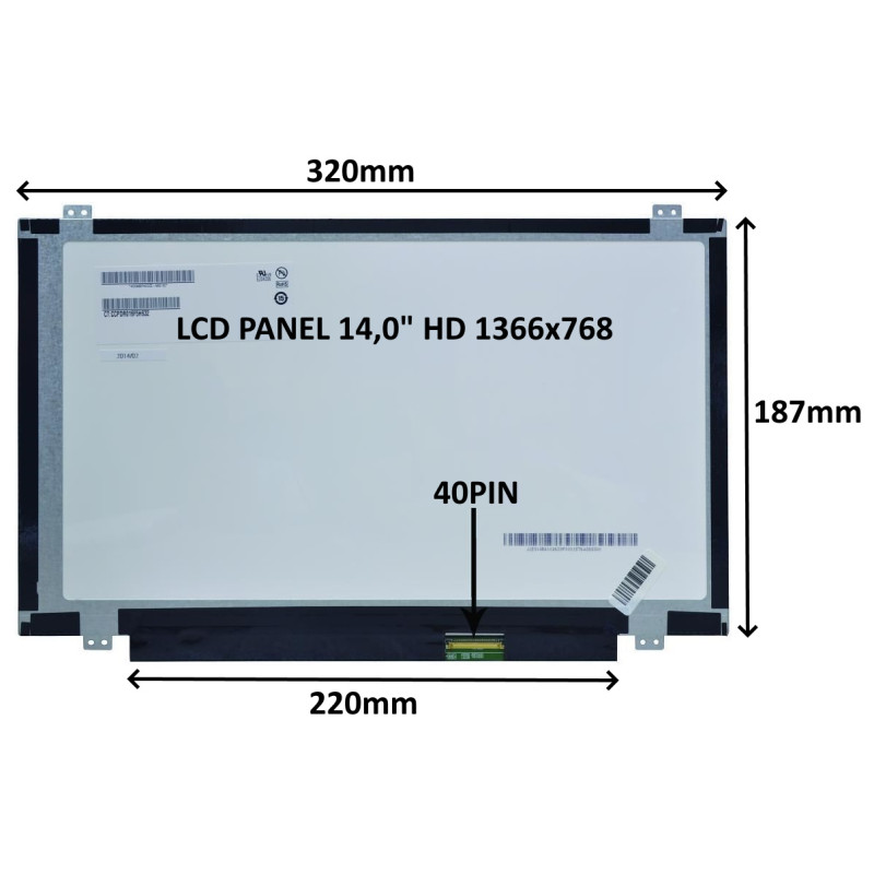 LCD PANEL 14,0'' HD 1366x768 40PIN MATNÝ / ÚCHYTY NAHORE A DOLE