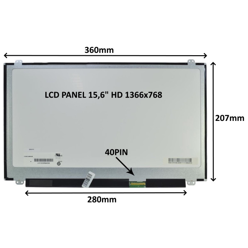LCD PANEL 15,6'' HD 1366x768 40PIN LESKLÝ / ÚCHYTY NAHORE A DOLE