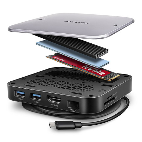 AXAGON HMC-UFO, USB 10Gbps húb, 2x USB-A, USB-C, HDMI 4k/60, RJ-45, M.2 slot, SD/mSD, audio, PD