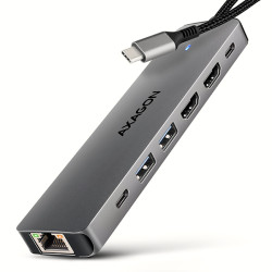 AXAGON HMC-7HX2, USB 5Gbps húb, 2x USB-A, USB-C, 2x HDMI 4k/60Hz, RJ-45 GLAN, PD 100W, kábel 15cm