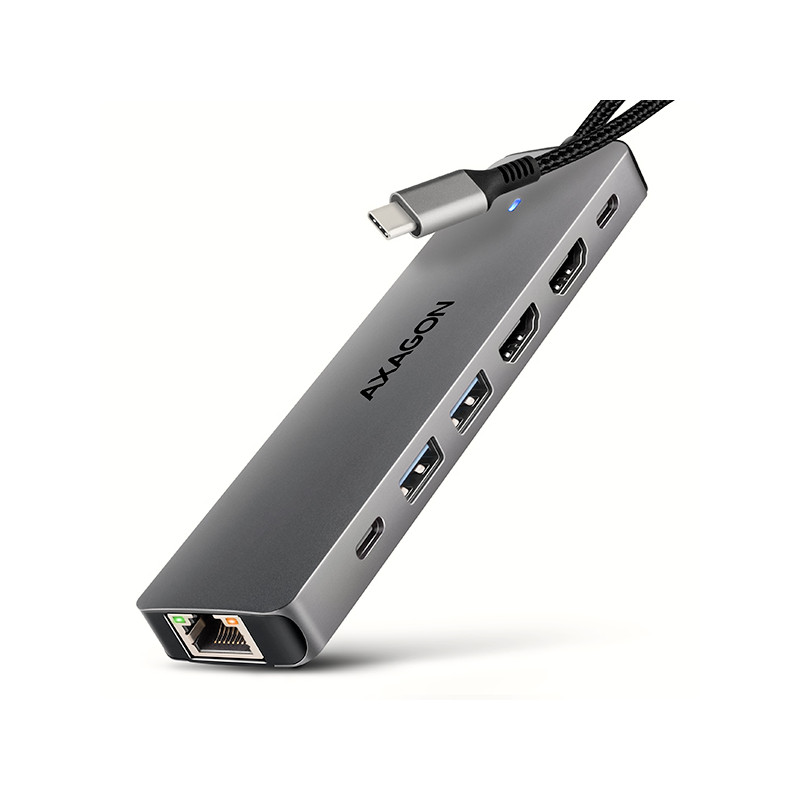 AXAGON HMC-7HX2, USB 5Gbps húb, 2x USB-A, USB-C, 2x HDMI 4k/60Hz, RJ-45 GLAN, PD 100W, kábel 15cm