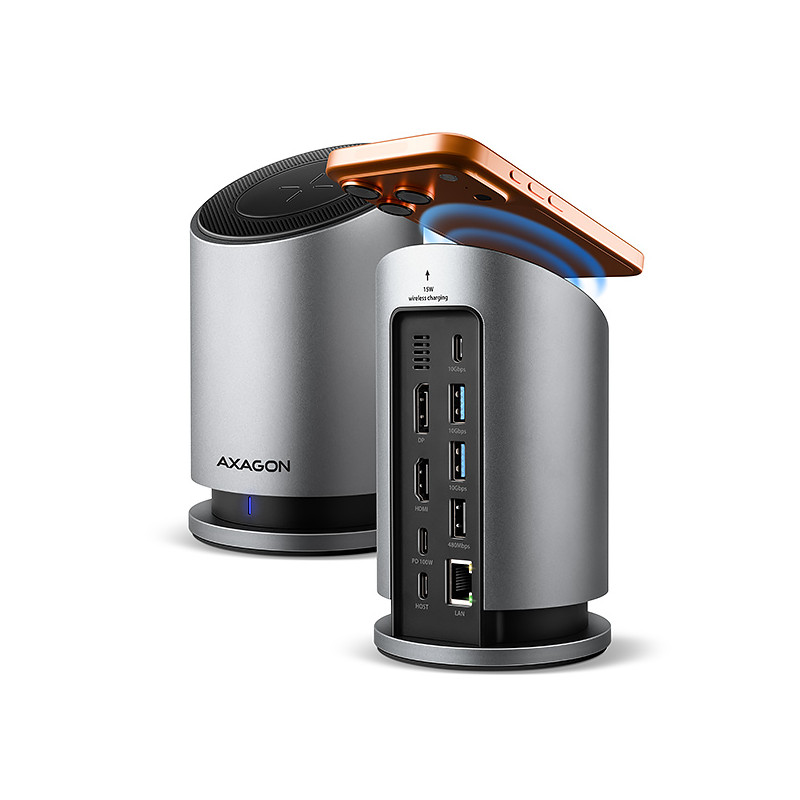 AXAGON HMC-WL9, USB 10Gbps húb s Qi, 3x USB-A, USB-C, HDMI a DP 4k/60Hz, RJ-45, PD 100W, kábel 60cm