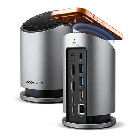 AXAGON HMC-WL9, USB 10Gbps húb s Qi, 3x USB-A, USB-C, HDMI a DP 4k/60Hz, RJ-45, PD 100W, kábel 60cm