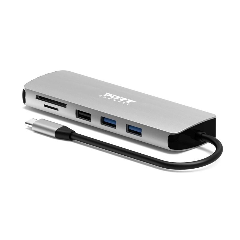 PORT CONNECT USB-C 1× 4K dokovacia stanica, 9v1, hliníková konštrukcia, 85W PD, striebra