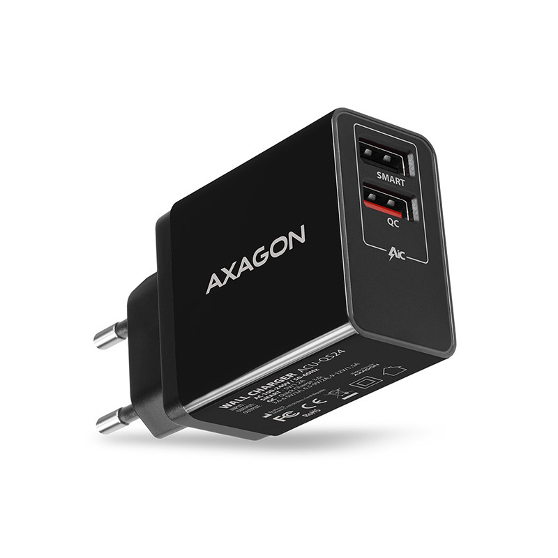 AXAGON ACU-QS24, QC & SMART nabíjačka do siete 24W, 2x USB-A port, QC3.0/AFC/FCP + 5V/1.2A