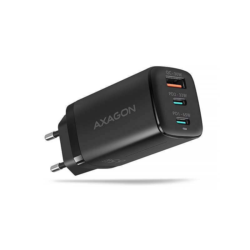 AXAGON ACU-DPQ65, GaN nabíjačka do siete 65W, 3x port (USB-A + dual USB-C), PD3.0/QC4+/PPS/Apple