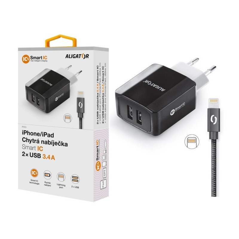 Múdra sieťová nabíjačka ALIGATOR 3.4A, 2xUSB, smart IC, čierna, kábel pre iPhone/iPad 2A
