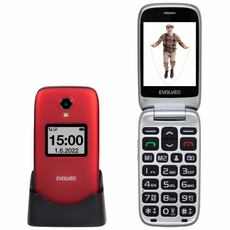EVOLVEO EasyPhone FS, vyklápací telefón 2.8'' pre seniorov s nabíjacím stojanom (červená farba)