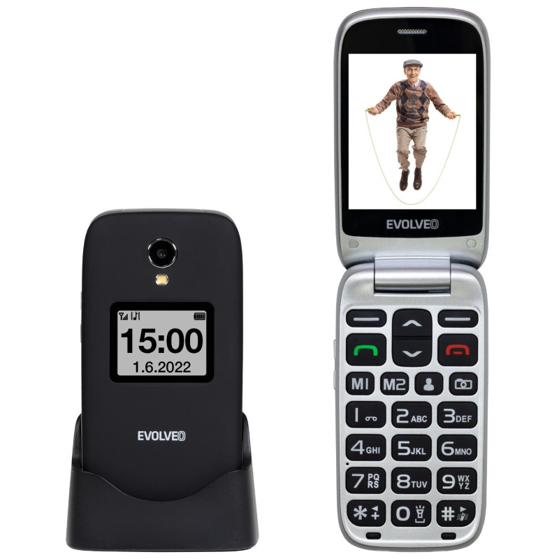 EVOLVEO EasyPhone FS, vyklápací telefón 2.8'' pre seniorov s nabíjacím stojanom (čierna farba)
