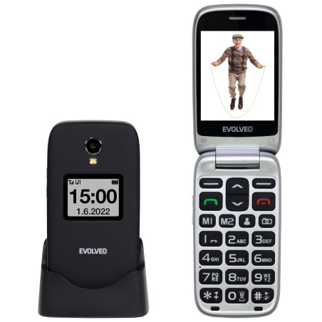 EVOLVEO EasyPhone FS, vyklápací telefón 2.8'' pre seniorov s nabíjacím stojanom (čierna farba)