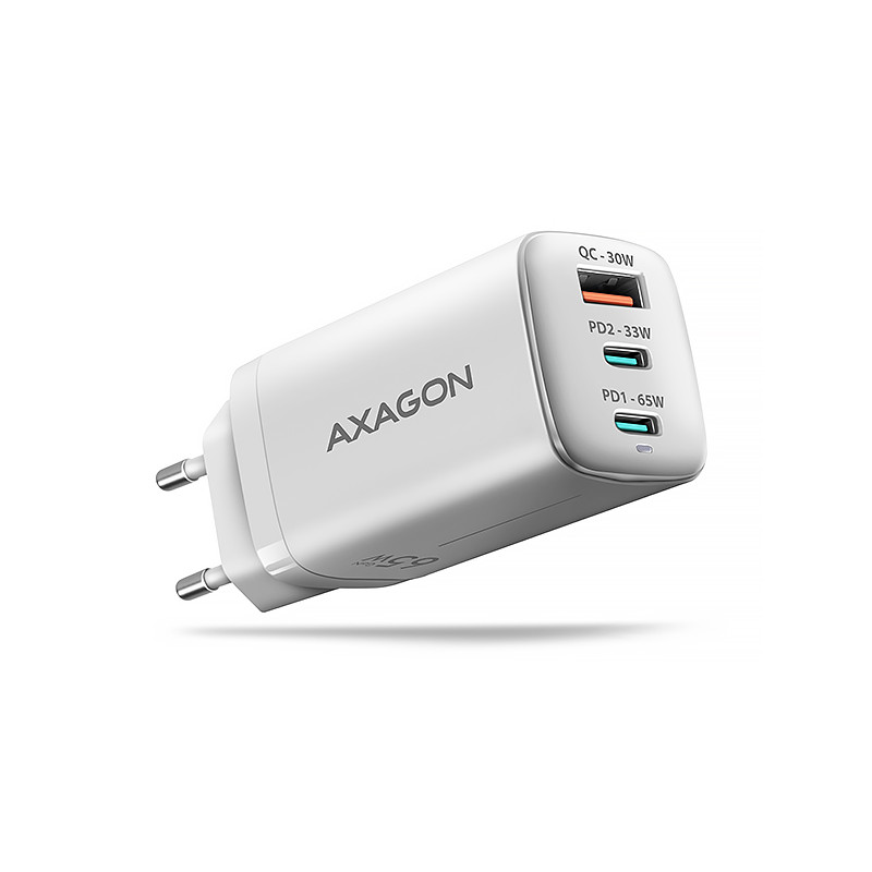 AXAGON ACU-DPQ65W, GaN nabíjačka do siete 65W, 3x port (USB-A + dual USB-C), PD3.0/QC4+/PPS/Apple