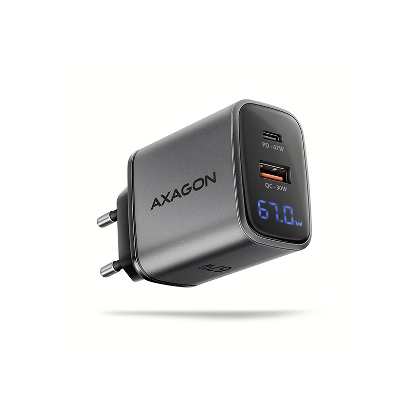AXAGON ACU-PQ67D GaN nabíjačka do siete 67W, USB-A+USB-C, PD3.0/PPS/QC4+/SFC2.0/Apple, LCD display