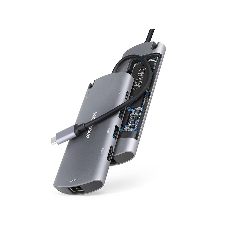 AXAGON HMC-6M2, USB 3.2 Gen 1 hub, 2x USB-A, HDMI, RJ-45 GLAN, SATA M.2, PD 100W, kábel USB-C 18cm