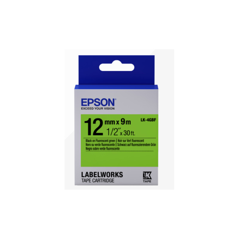 Epson Label Cartridge Fluorescent LK-4GBF Black/Green 12mm (9m)